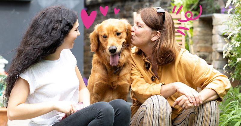Image of dog (golden retriever) with owners sitting in the garden.